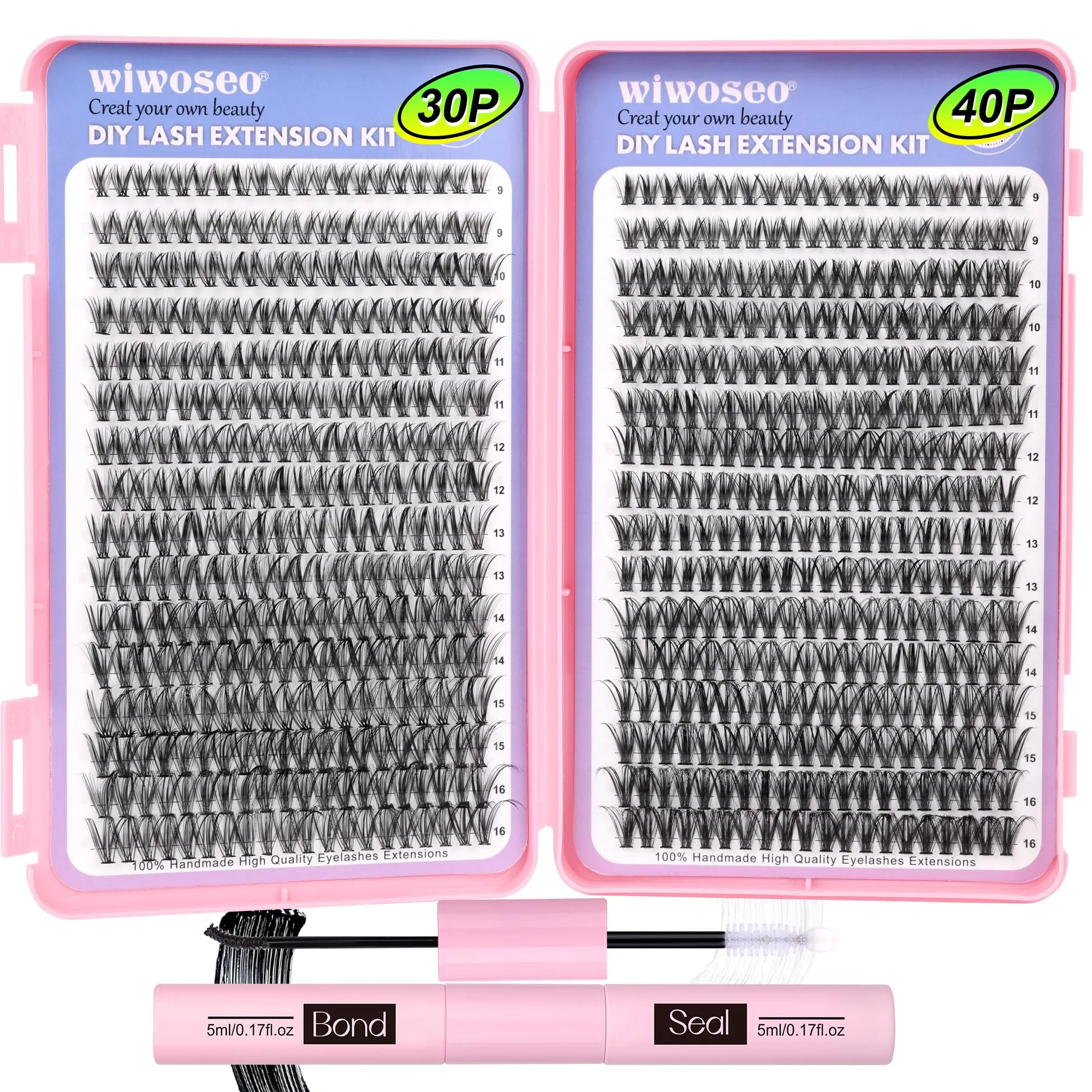 640Pcs Lash Extension Kit, DIY Eyelash Extension Kit Cluster Curl Individual Lashes with Lash Bond and Seal, Tweezers DIY Eyelash Extension Kit for Self Application At Home(30p 40p 8-15MM)