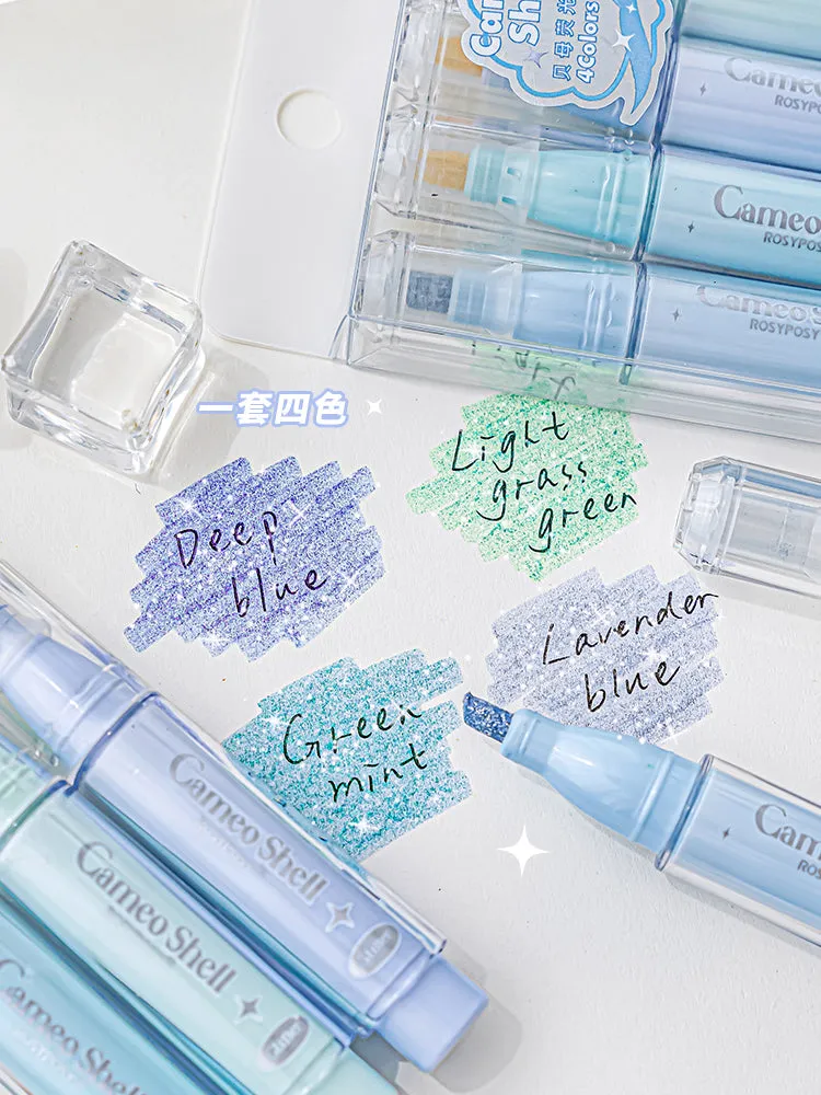 Cameo Shell Shimmering Blue Pastel Highlighters - 4 Colors Set