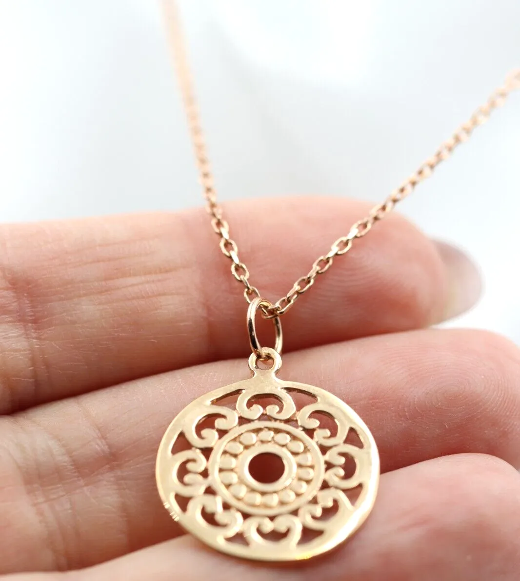 Genuine 9ct 9k Rose Gold 45cm Cable Necklace Chain   Filigree Pendant