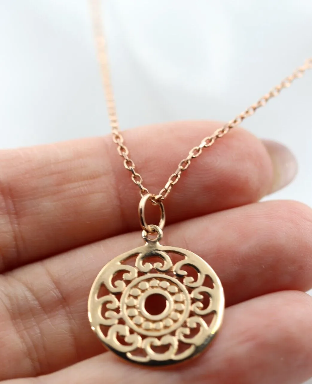 Genuine 9ct 9k Rose Gold 45cm Cable Necklace Chain   Filigree Pendant