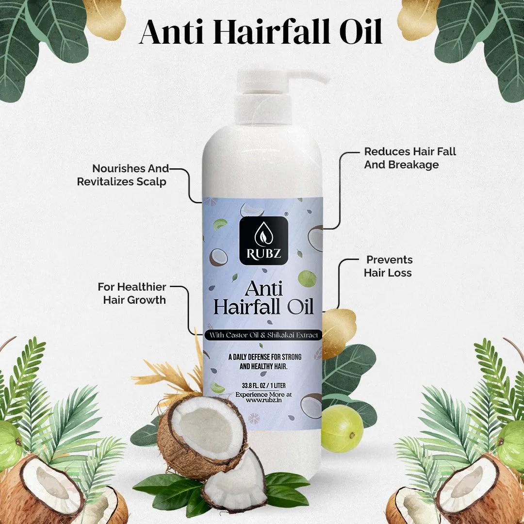 Rubz Anti Hairfall Oil | Enriched with Castor Oil & Shikakai Extract | Nourishes Scalp & Controls Hair Fall | 1 Litre