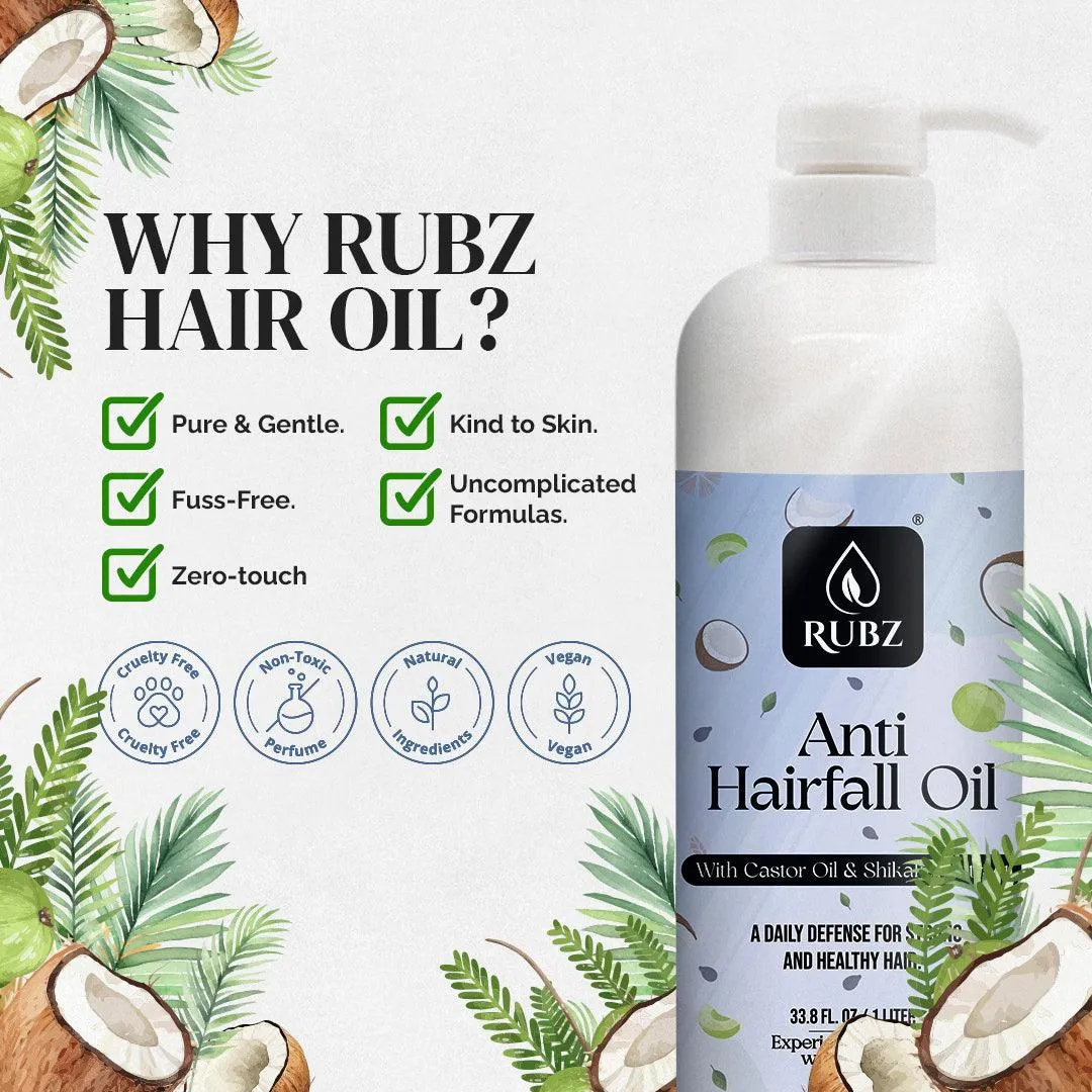 Rubz Anti Hairfall Oil | Enriched with Castor Oil & Shikakai Extract | Nourishes Scalp & Controls Hair Fall | 1 Litre